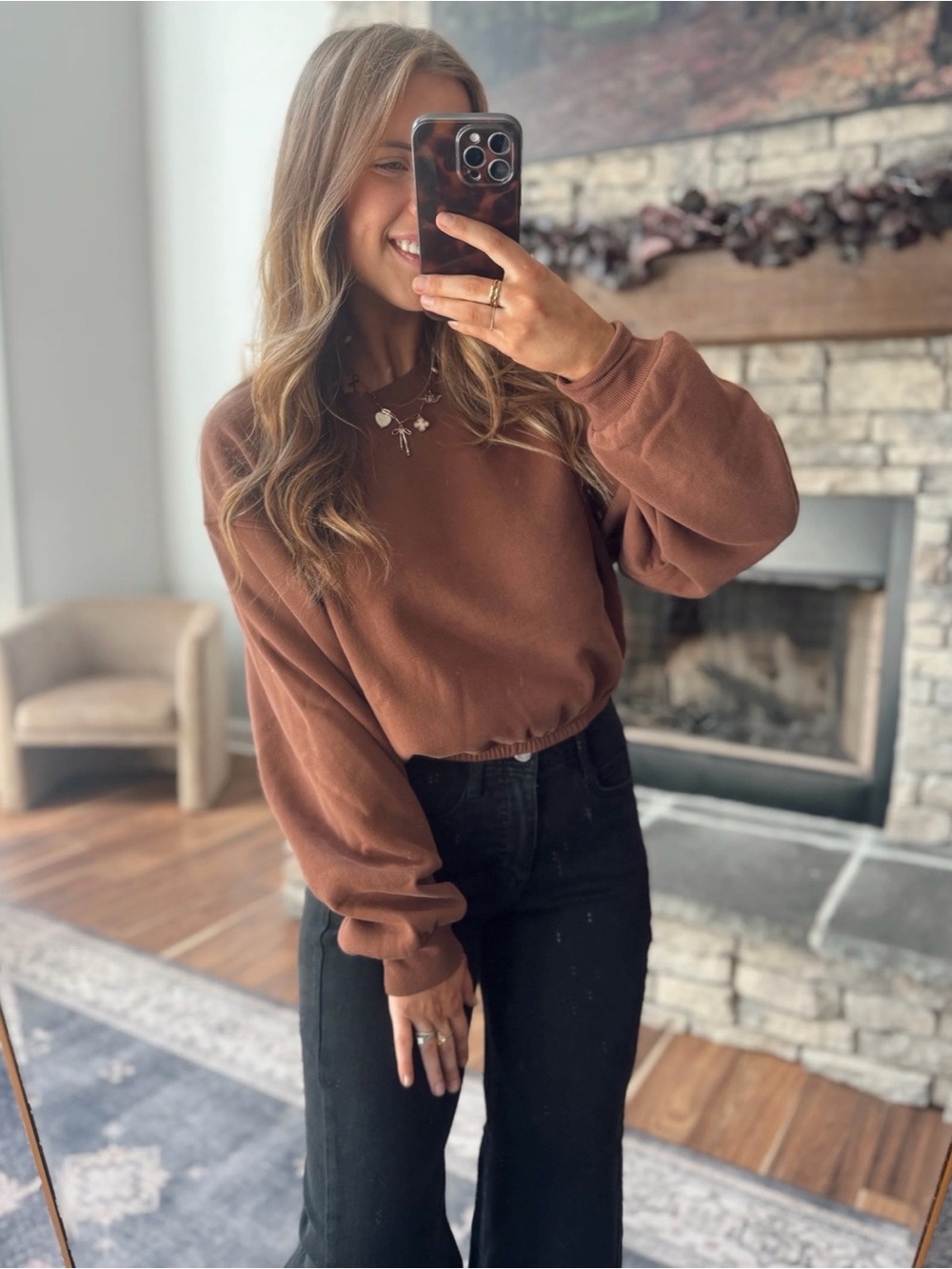 Double Zero Drop Shoulder Crewneck Cropped Sweatshirt Chestnut Sz Small